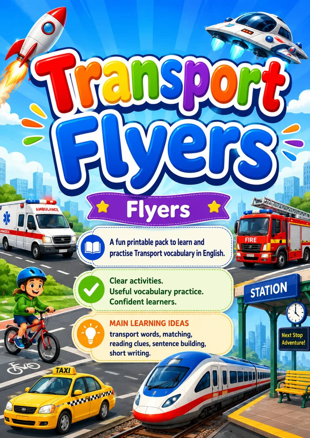 Transport Flyers Vocabulary Worksheet Pack printable Flyers English worksheet pack preview from KiwiBee