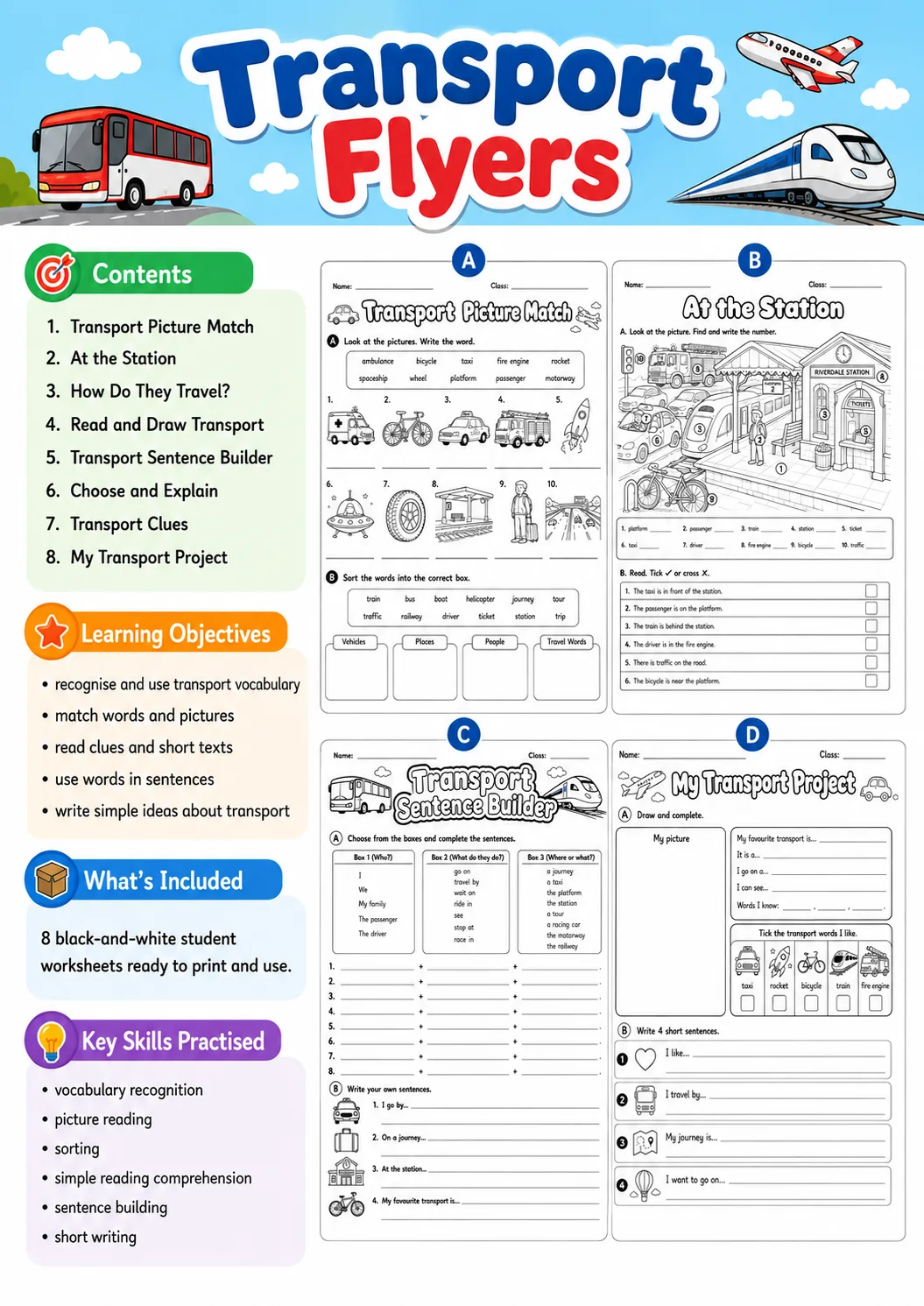 Transport Flyers Vocabulary Worksheet Pack page 2 printable worksheet preview