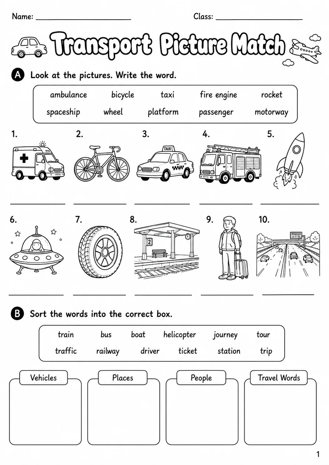 Transport Flyers Vocabulary Worksheet Pack page 3 printable worksheet preview