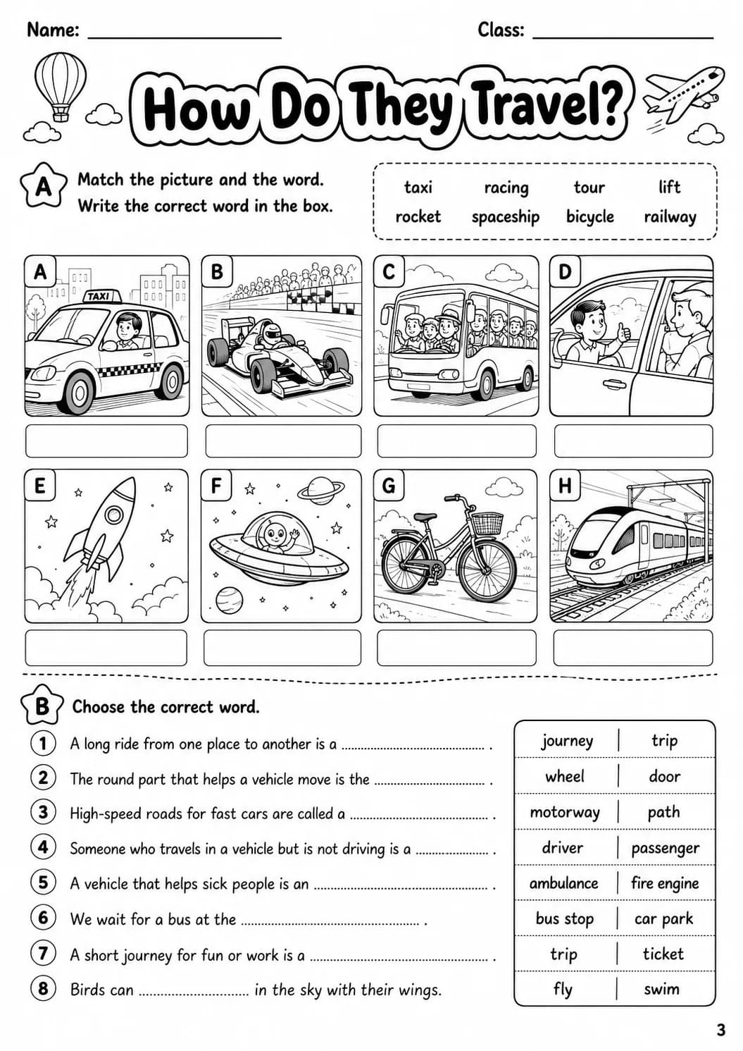 Transport Flyers Vocabulary Worksheet Pack page 5 printable worksheet preview