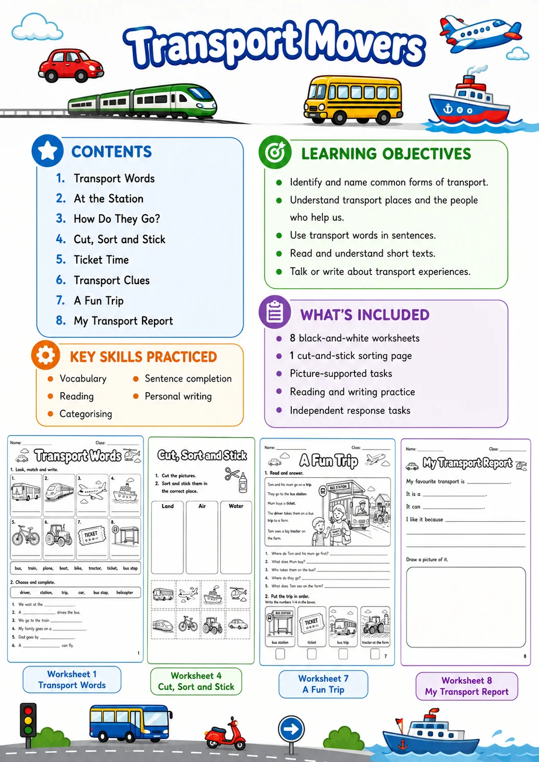 Transport Movers Vocabulary Worksheet Pack page 2 printable worksheet preview