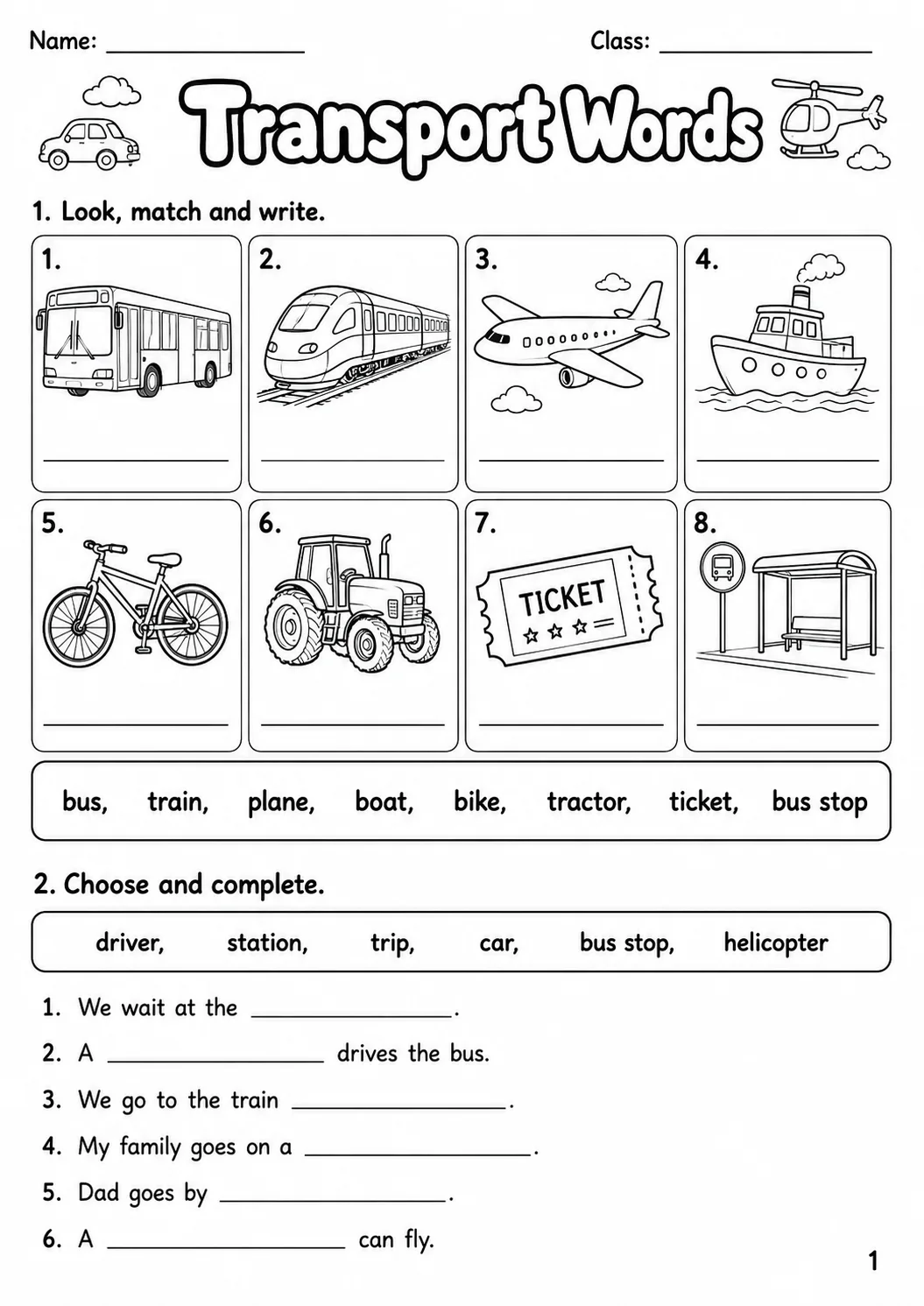 Transport Movers Vocabulary Worksheet Pack page 3 printable worksheet preview