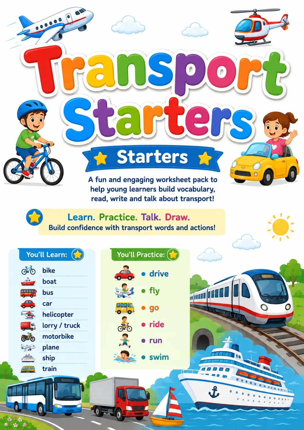 Transport Starters Vocabulary Worksheet Pack printable Starters English worksheet pack preview from KiwiBee