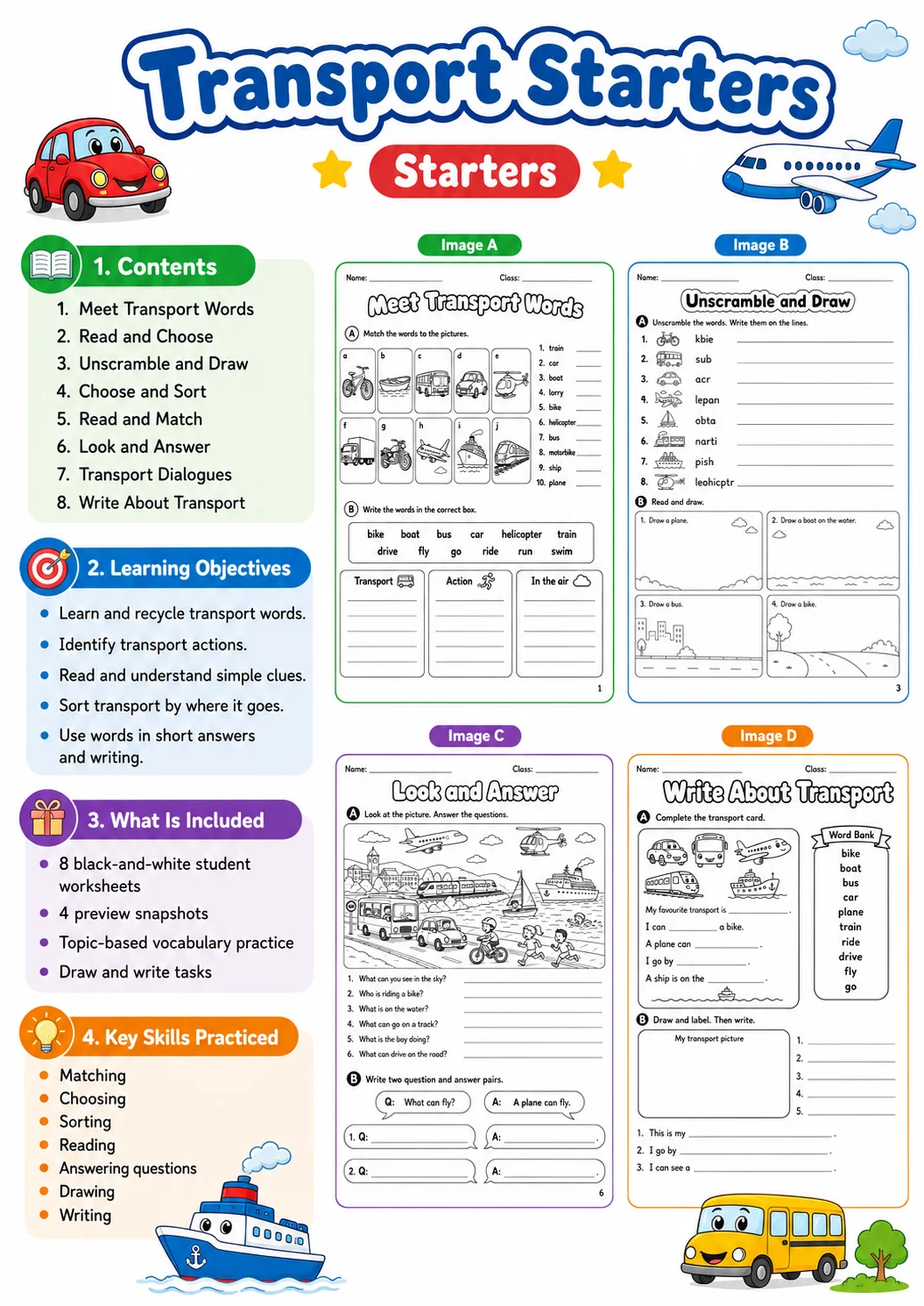 Transport Starters Vocabulary Worksheet Pack page 2 printable worksheet preview