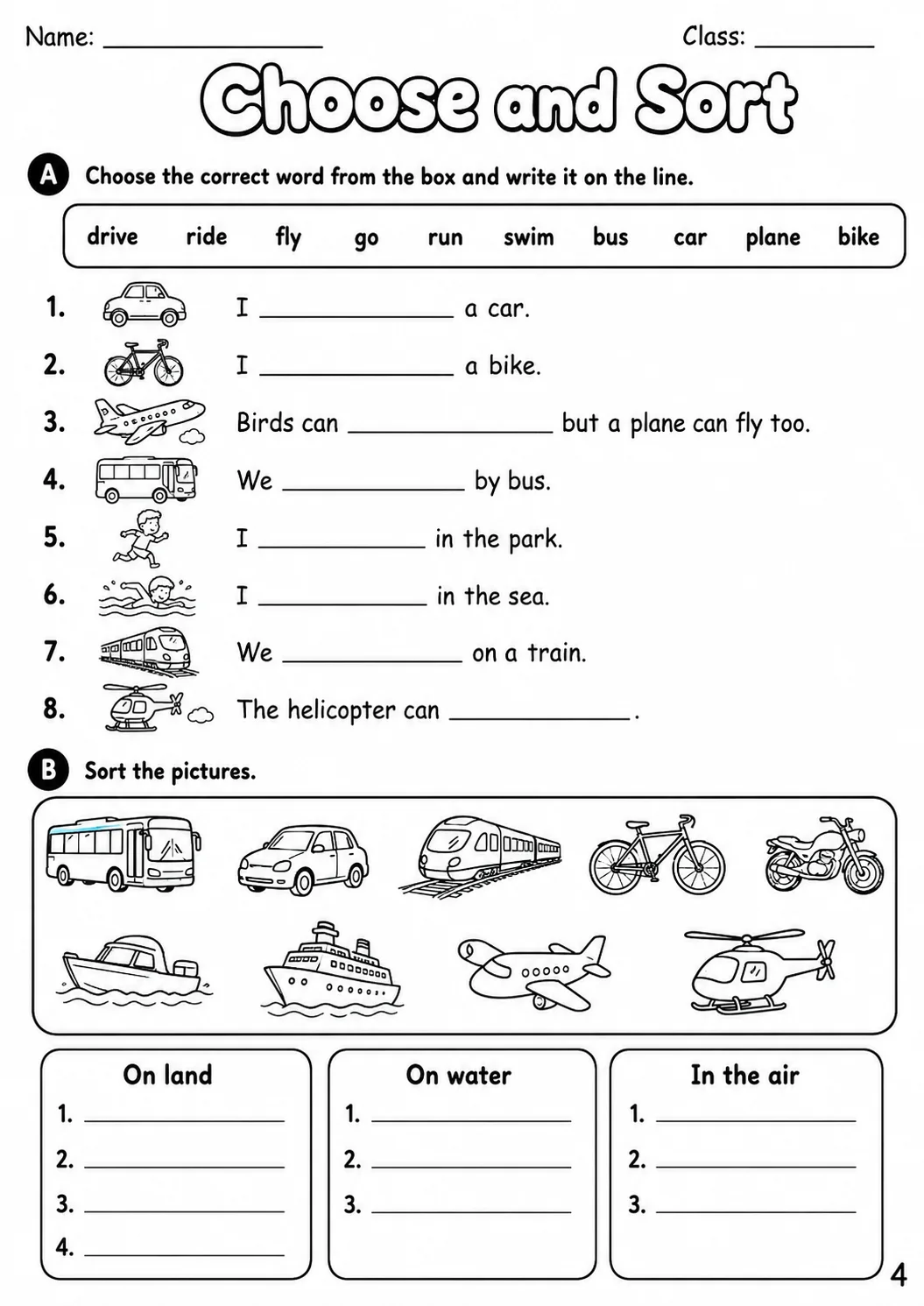 Transport Starters Vocabulary Worksheet Pack page 6 printable worksheet preview