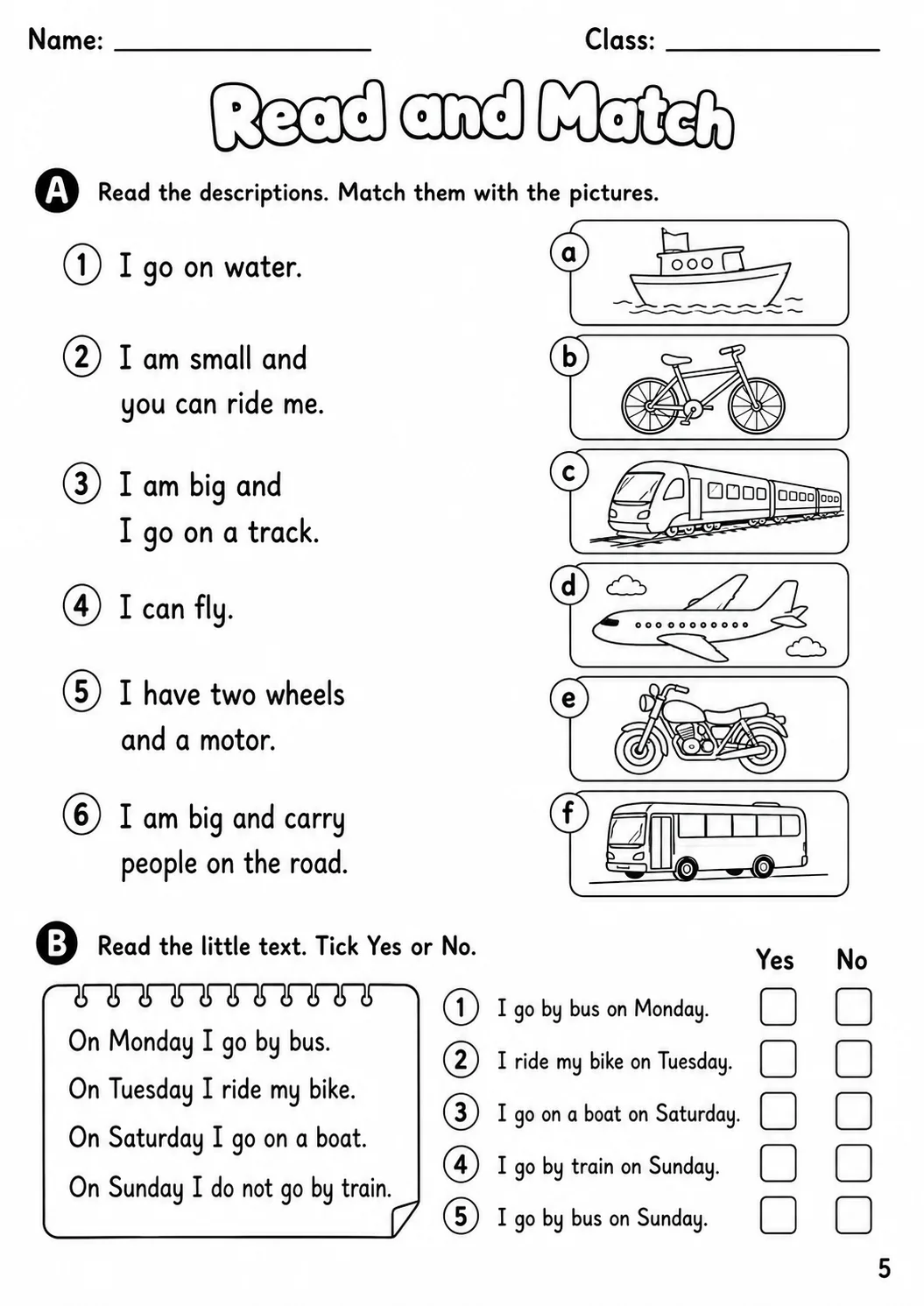Transport Starters Vocabulary Worksheet Pack page 7 printable worksheet preview