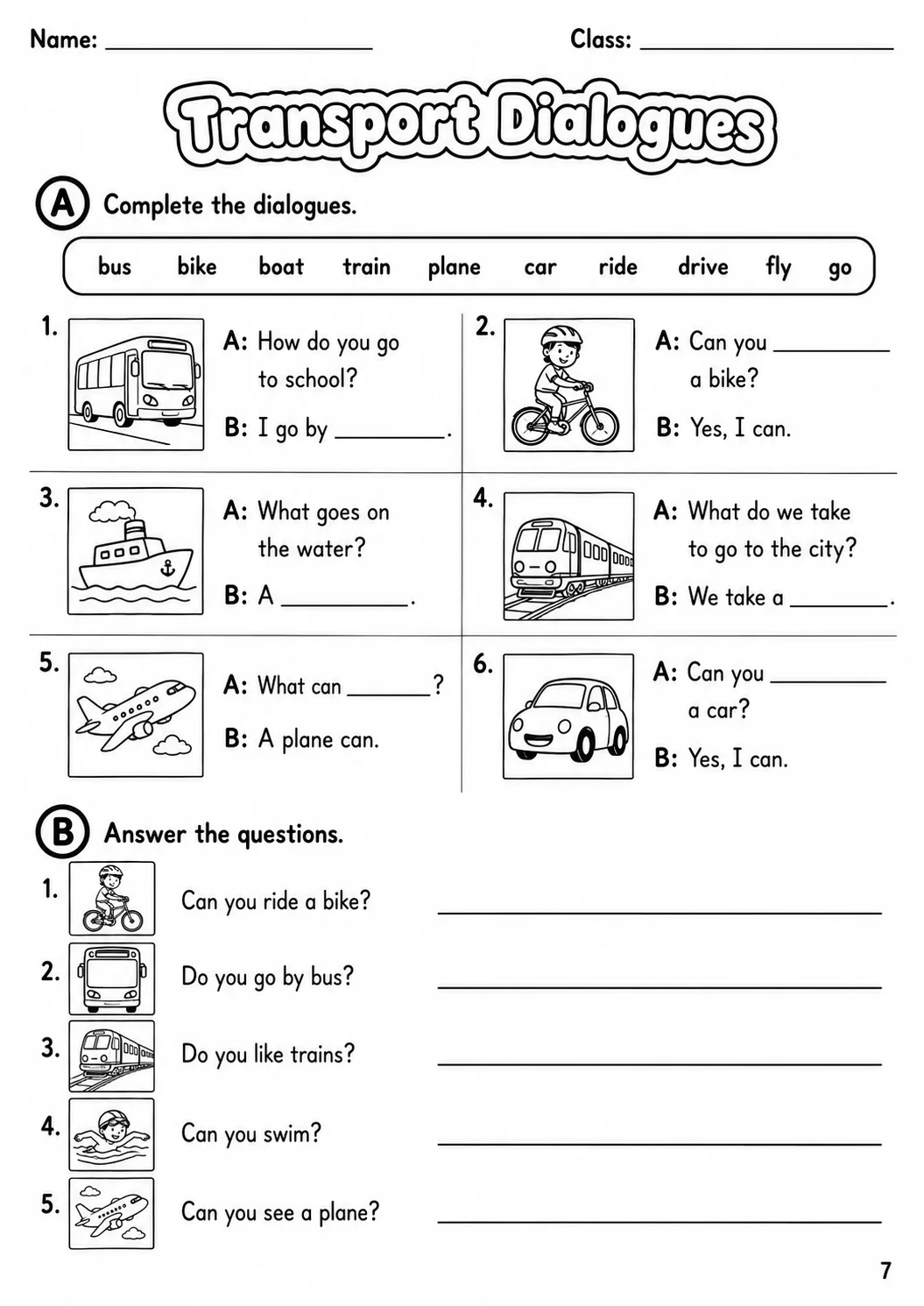 Transport Starters Vocabulary Worksheet Pack page 9 printable worksheet preview