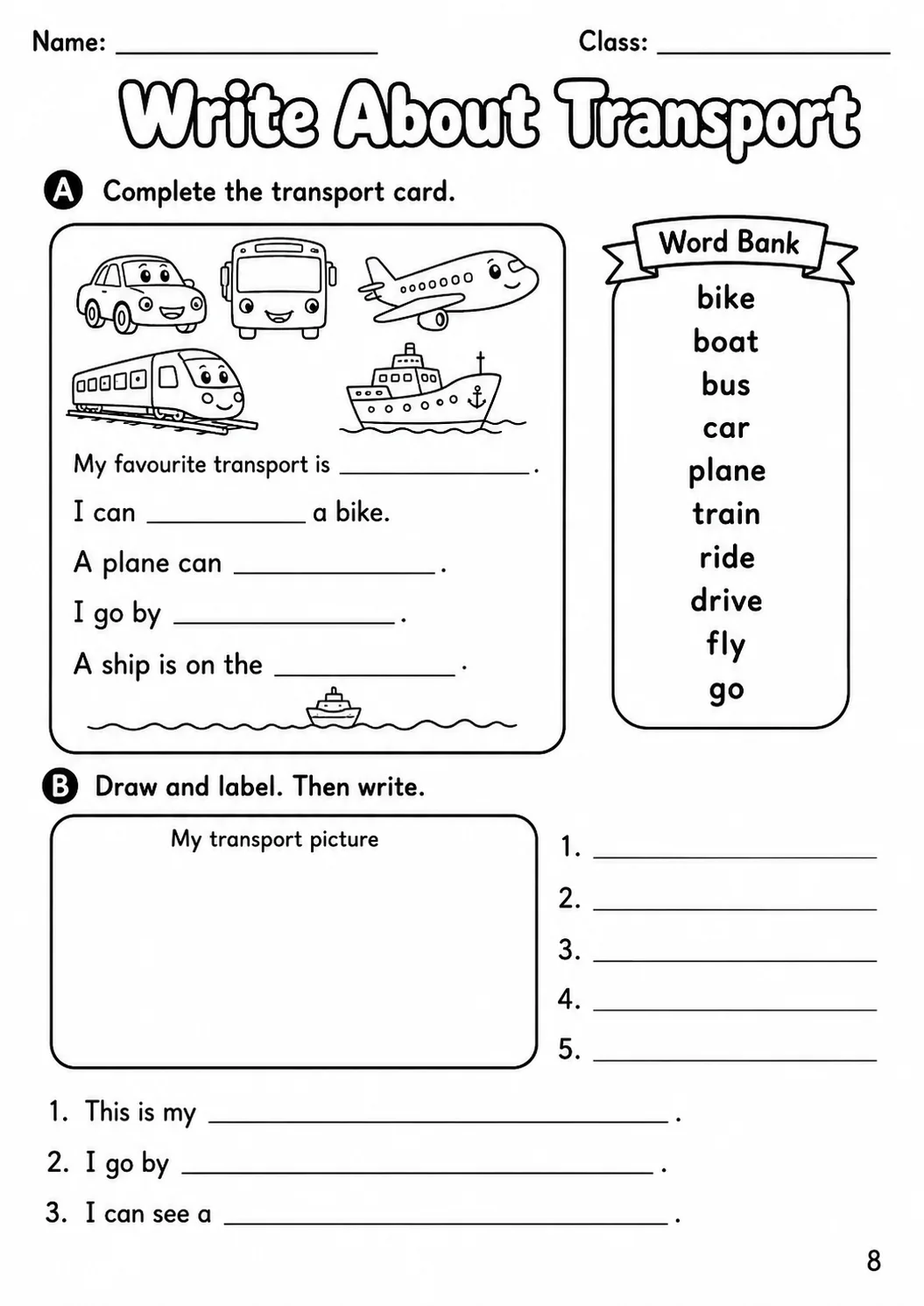 Transport Starters Vocabulary Worksheet Pack page 10 printable worksheet preview