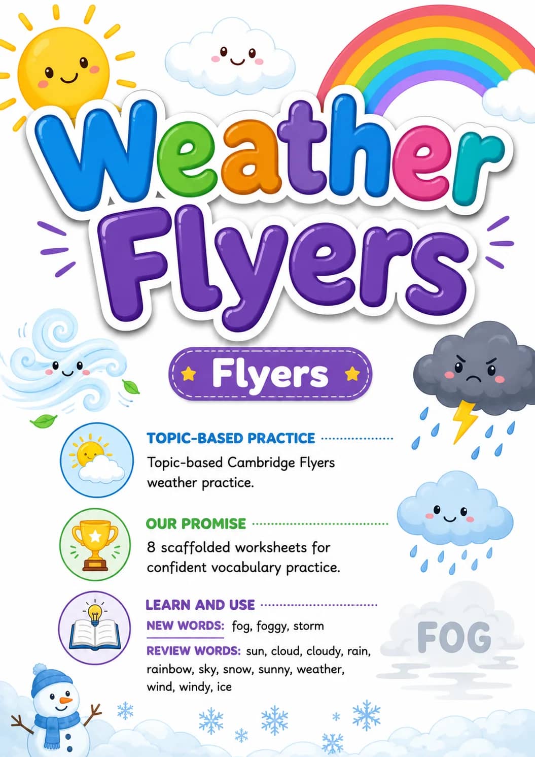 Weather Flyers Vocabulary Worksheet Pack printable Flyers English worksheet pack preview from KiwiBee