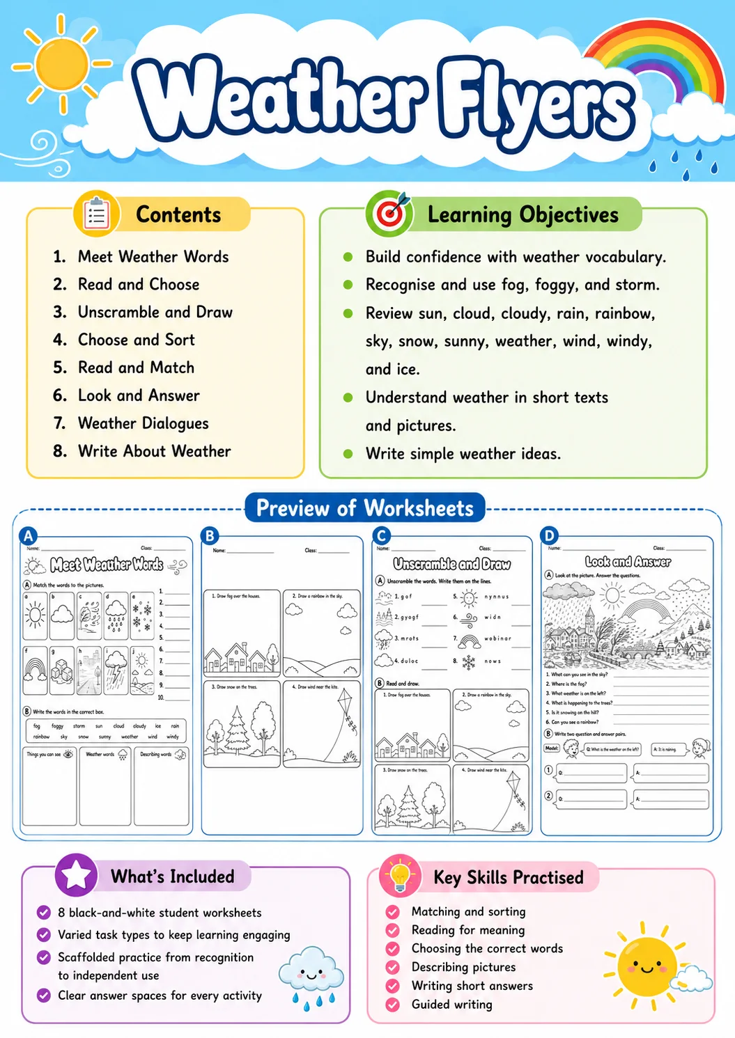 Weather Flyers Vocabulary Worksheet Pack page 2 printable worksheet preview