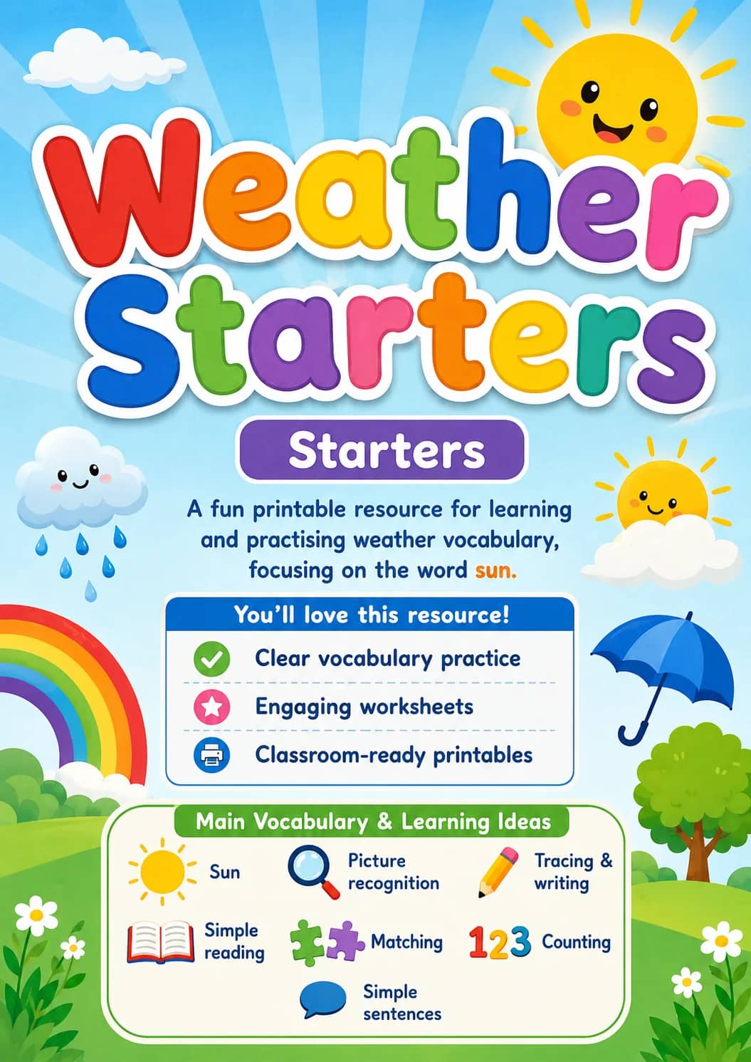 Weather Starters Vocabulary Worksheet Pack printable Starters English worksheet pack preview from KiwiBee