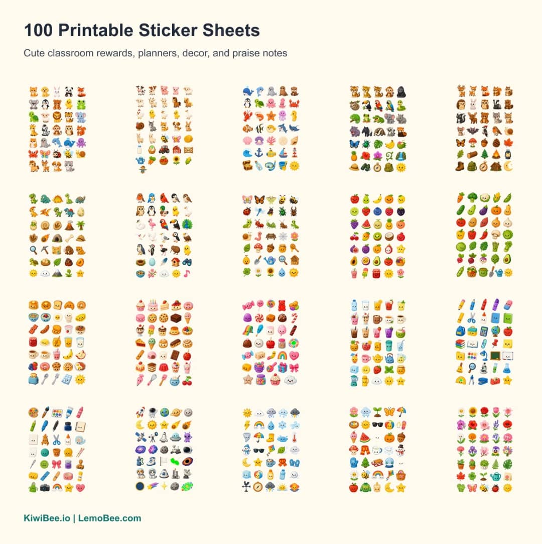 Preview collage of cute printable classroom sticker sheets