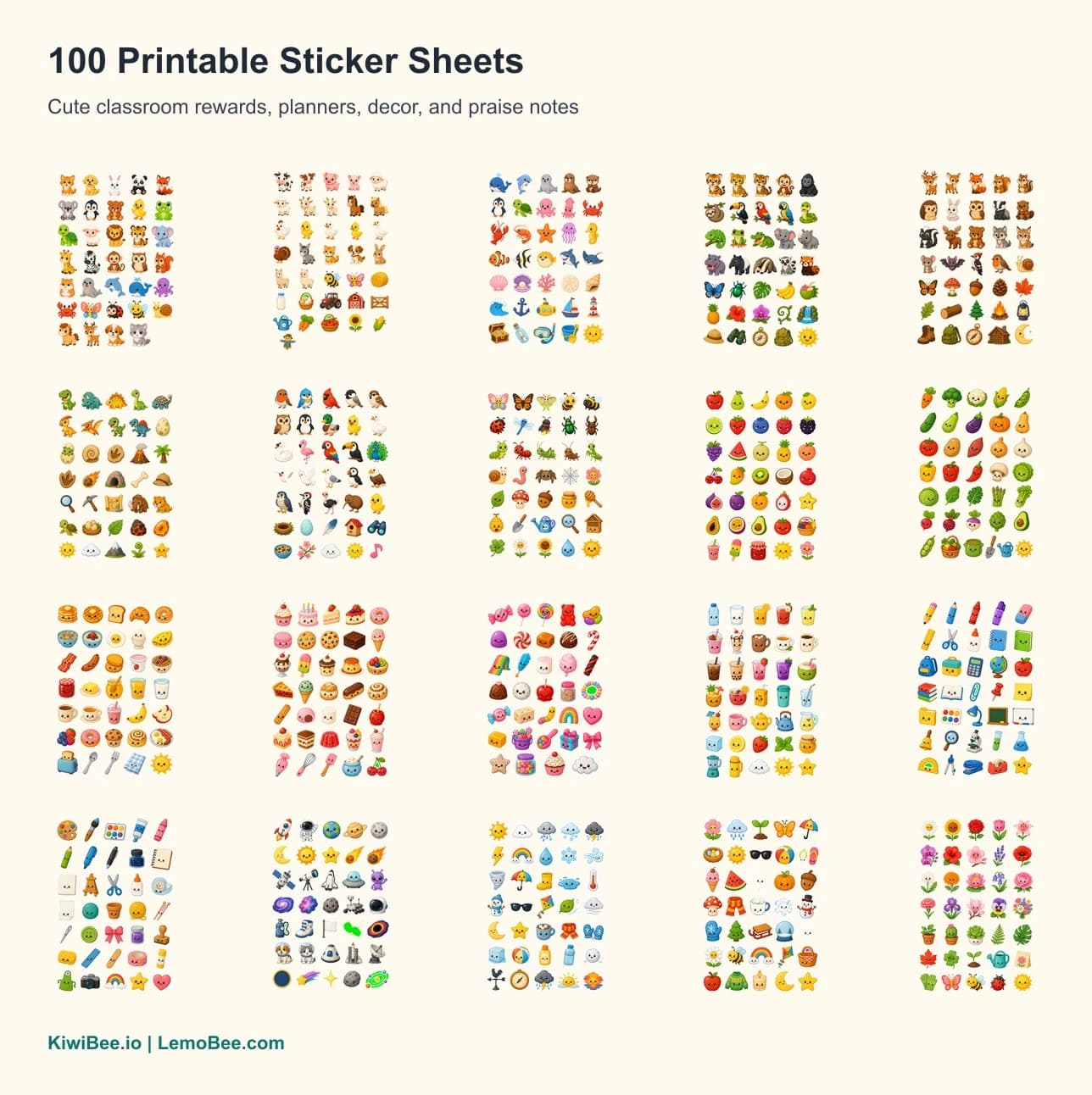 Preview collage of cute printable classroom sticker sheets