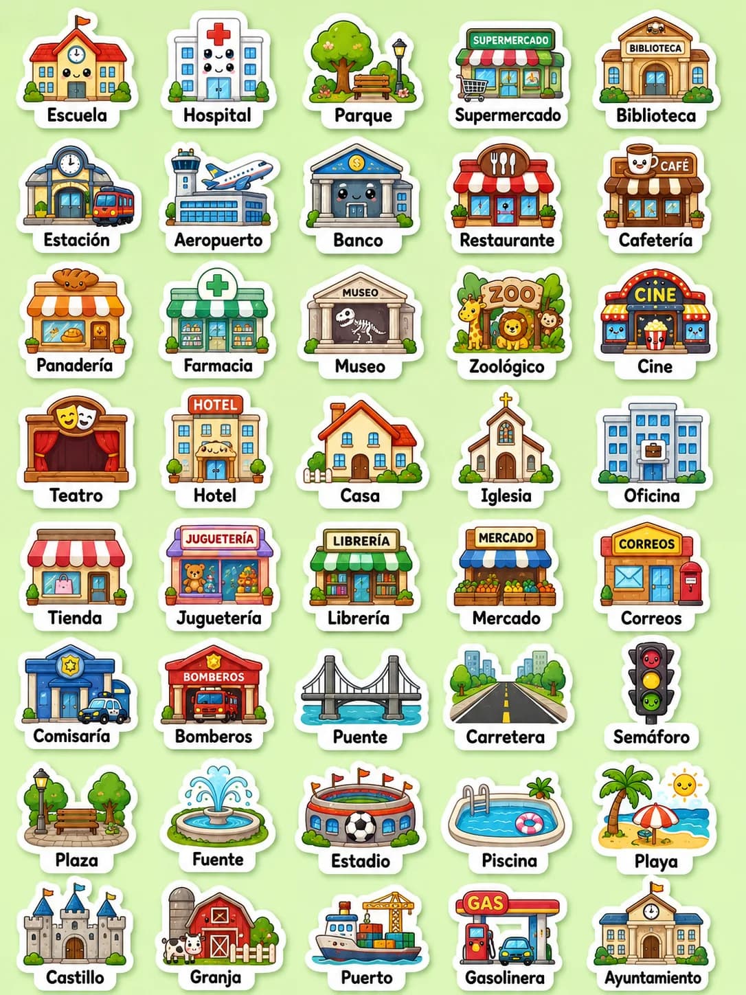 Lugares de la ciudad - Hoja de pegatinas imprimibles