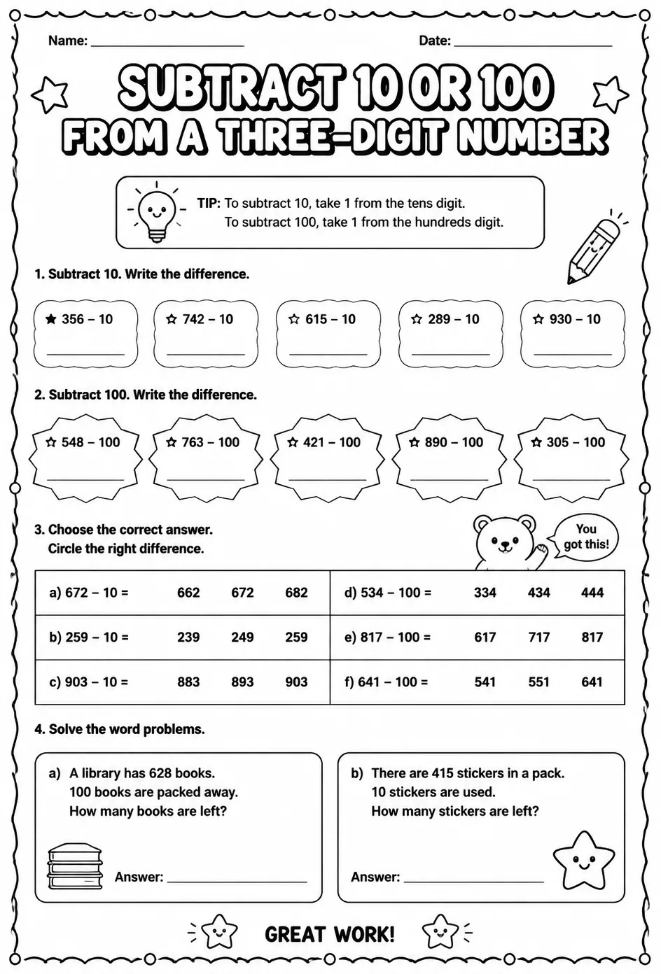 Subtract 10 or 100 from a three-digit number — free printable Grade 2 math worksheet