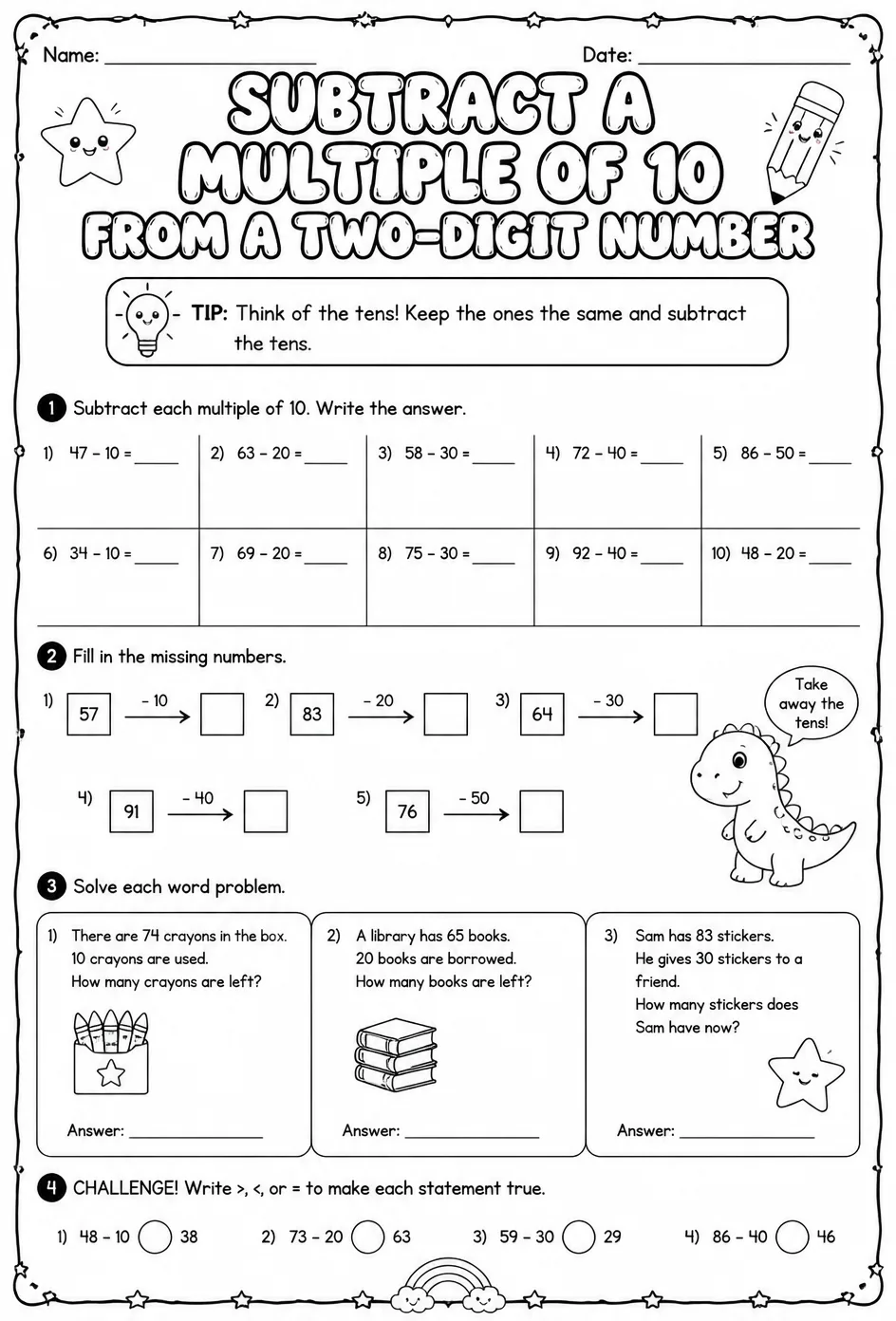 Subtract a multiple of 10 from a two-digit number — free printable Grade 2 math worksheet