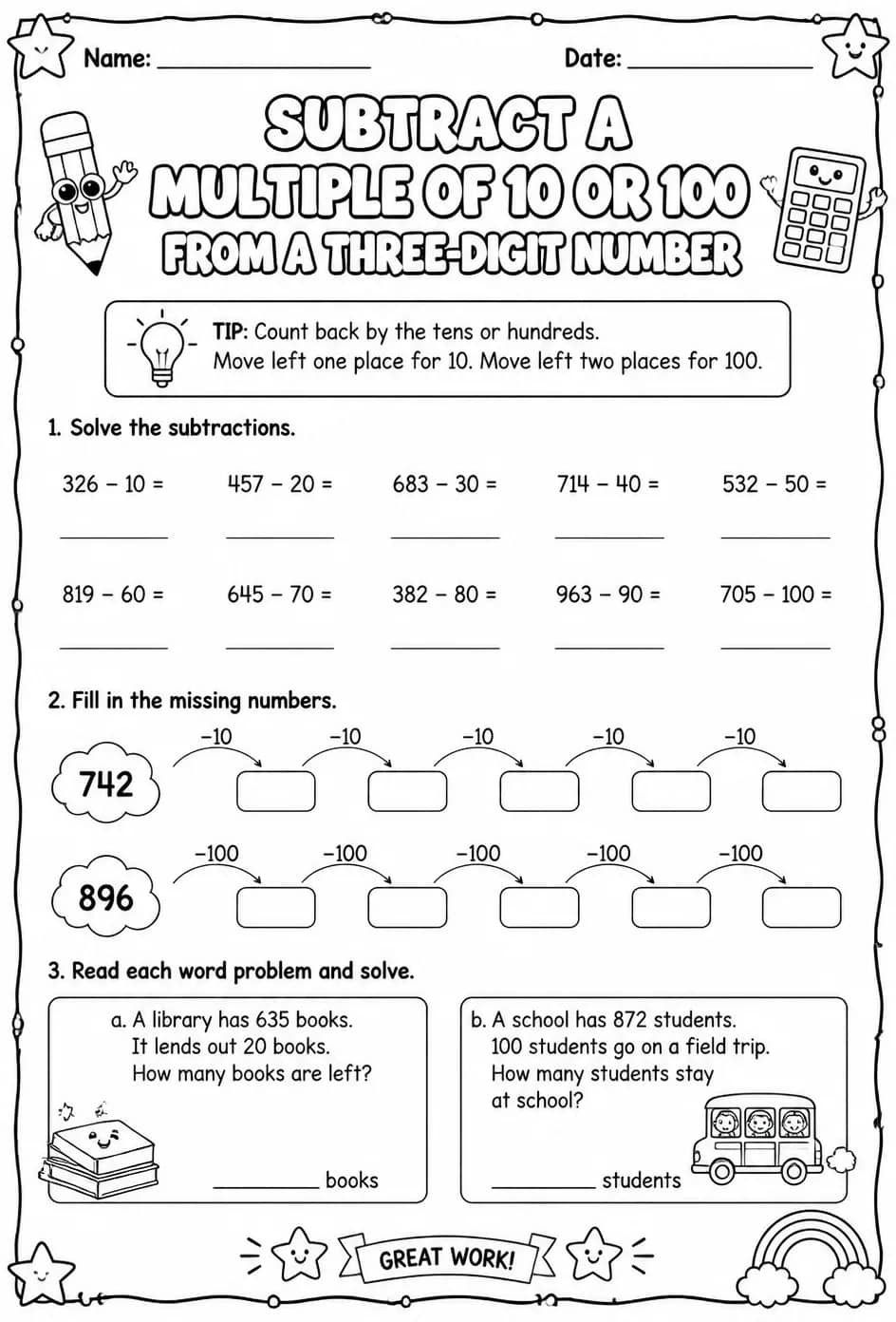 Subtract a multiple of 10 or 100 from a three-digit number — free printable Grade 2 math worksheet