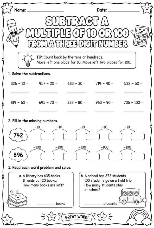 Subtract a multiple of 10 or 100 from a three-digit number