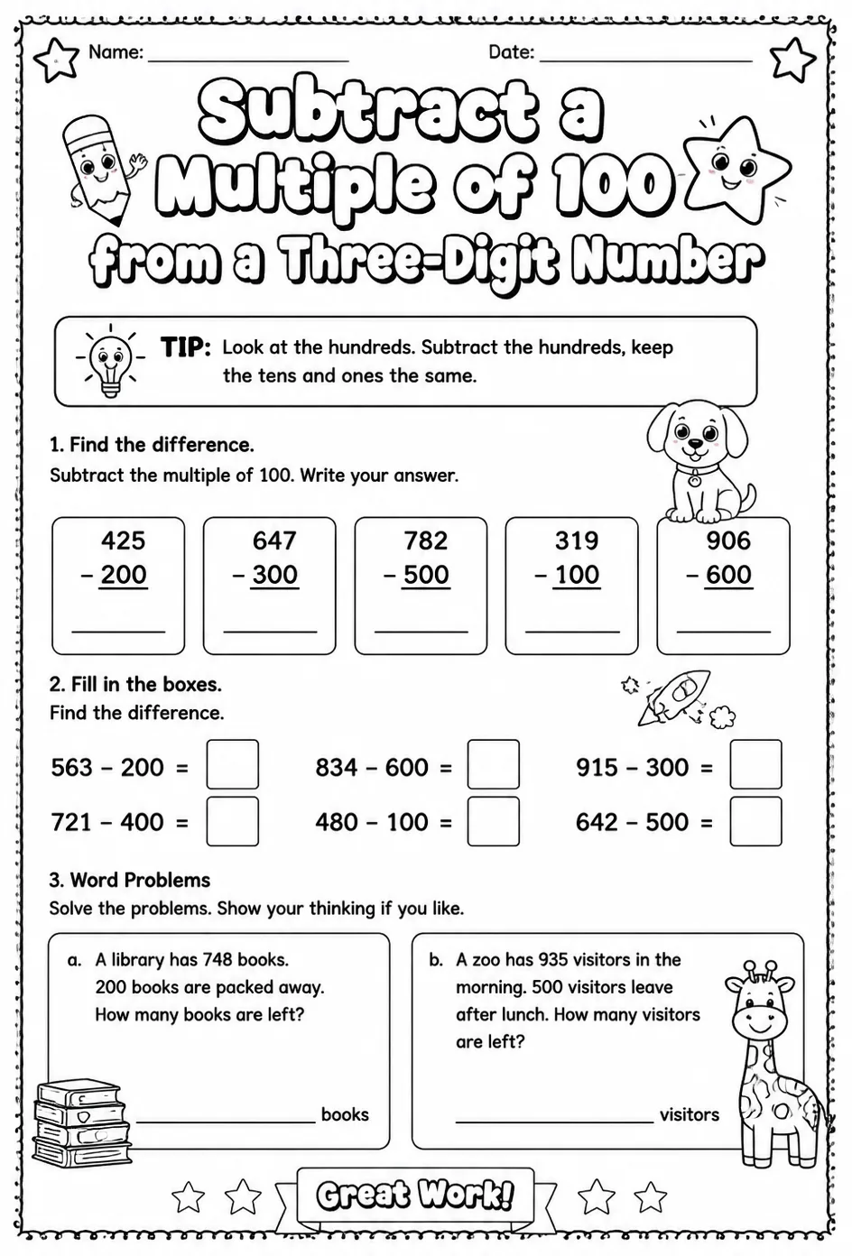 Subtract a multiple of 100 from a three-digit number — free printable Grade 2 math worksheet