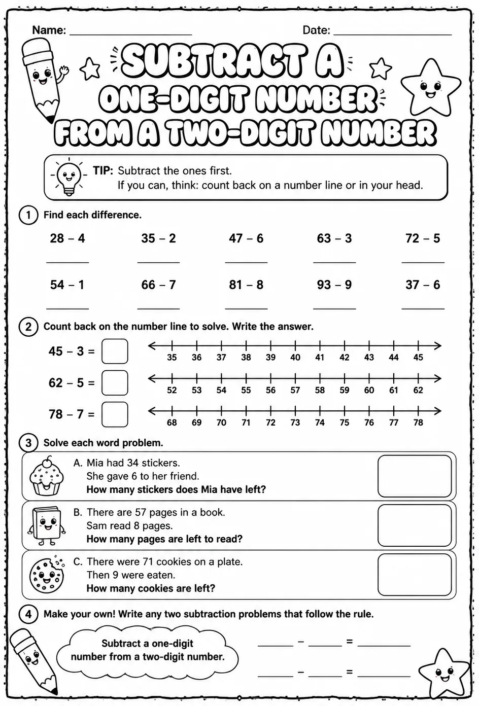 Subtract a one-digit number from a two-digit number