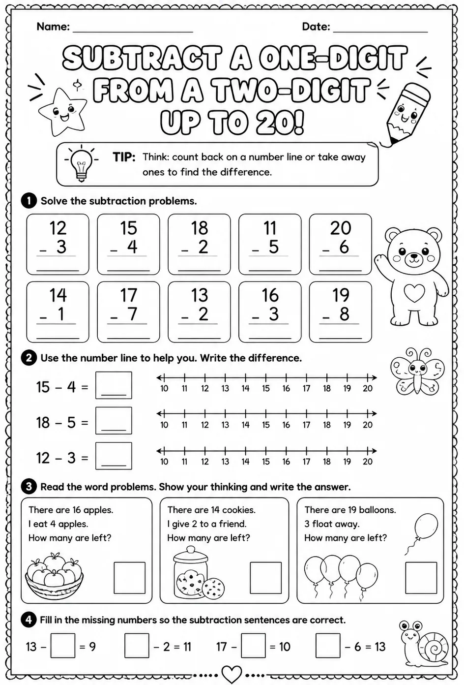 Subtract a one-digit number from a two-digit number up to 20 — free printable Grade 2 math worksheet