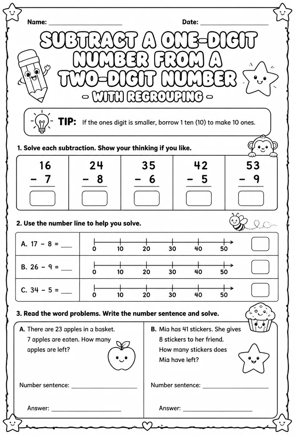 Subtract a one-digit number from a two-digit number - with regrouping — free printable Grade 2 math worksheet