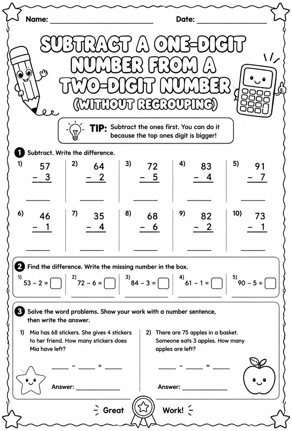 Subtract a one-digit number from a two-digit number - without regrouping — free printable Grade 2 math worksheet