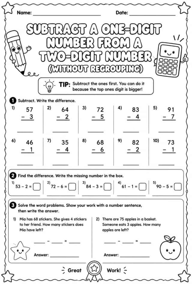 Subtract a one-digit number from a two-digit number - without regrouping