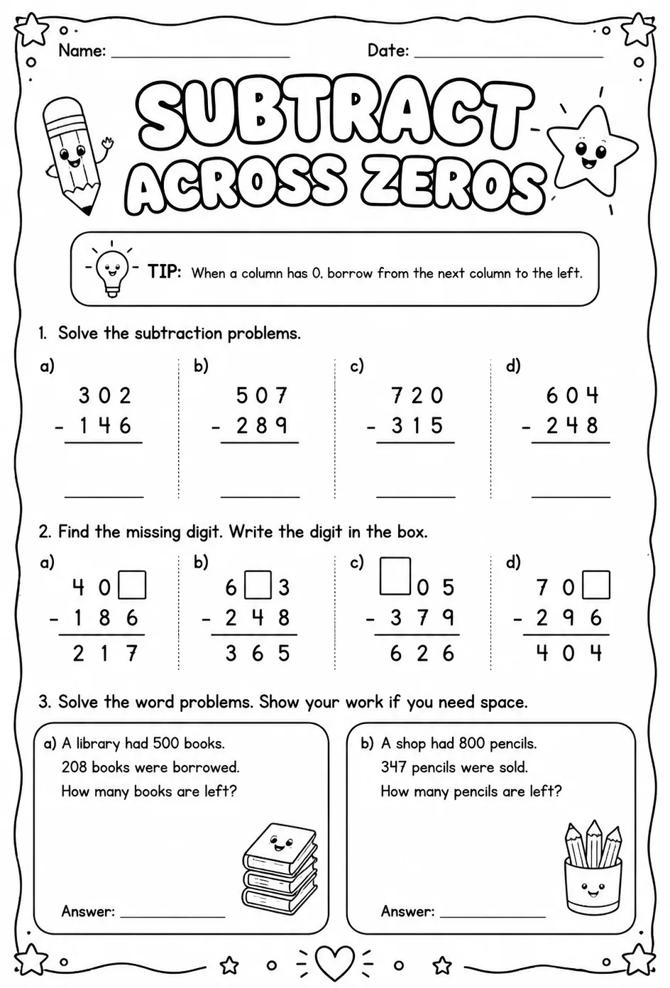 Subtract across zeros — free printable Grade 2 math worksheet