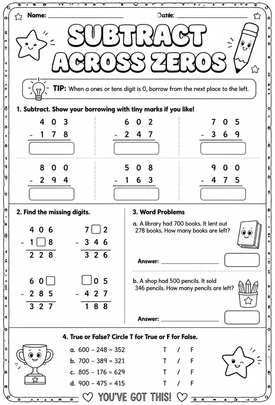 Subtract across zeros — free printable Grade 3 math worksheet