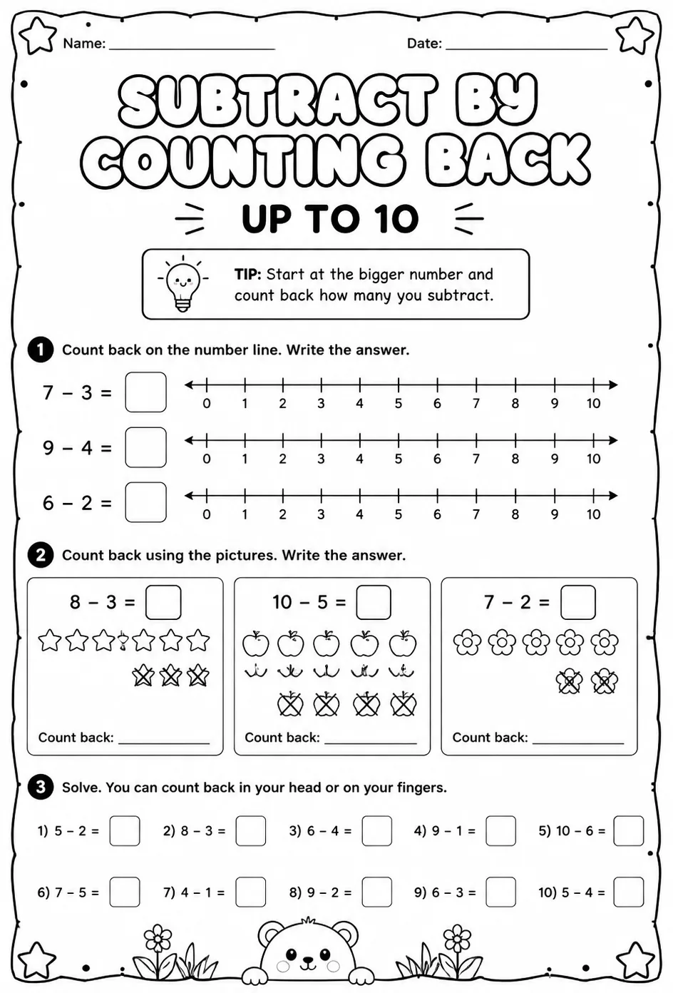 Subtract by counting back - up to 10 — free printable Grade 1 math worksheet