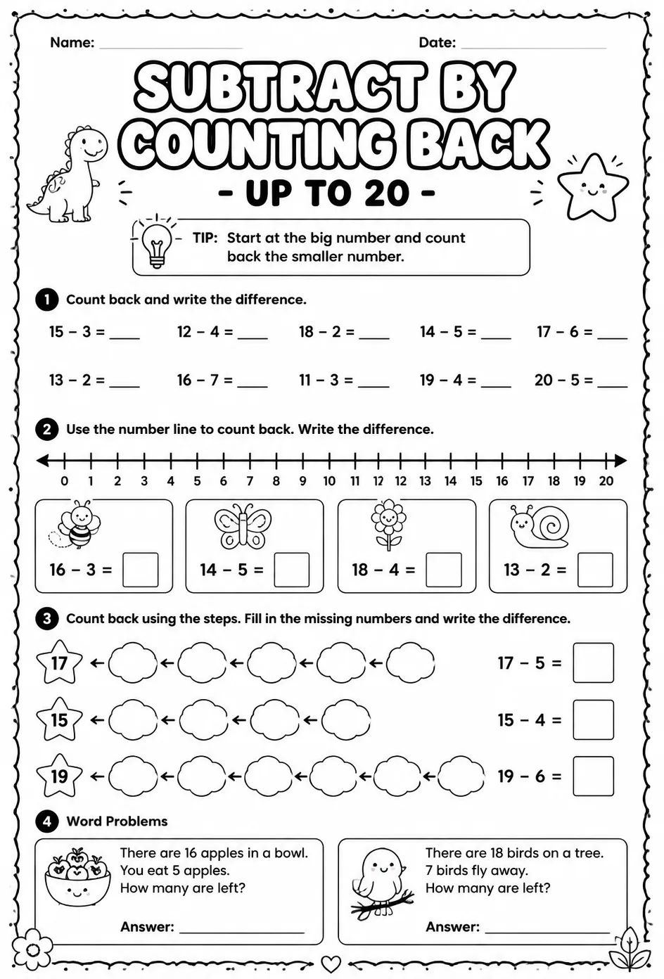 Subtract by counting back - up to 20 — free printable Grade 1 math worksheet