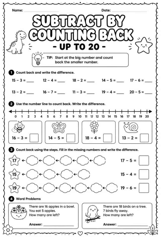 Subtract by counting back - up to 20