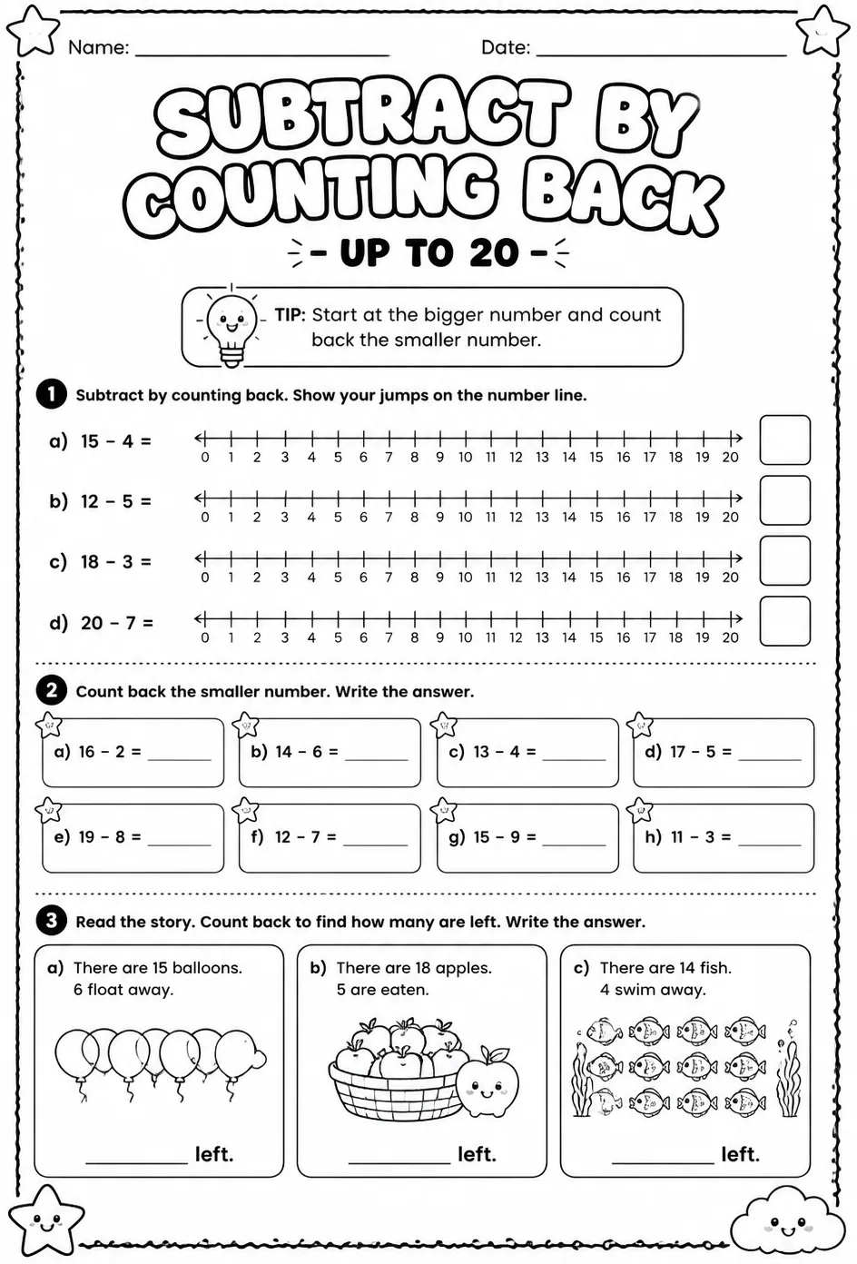 Subtract by counting back - up to 20 — free printable Grade 2 math worksheet