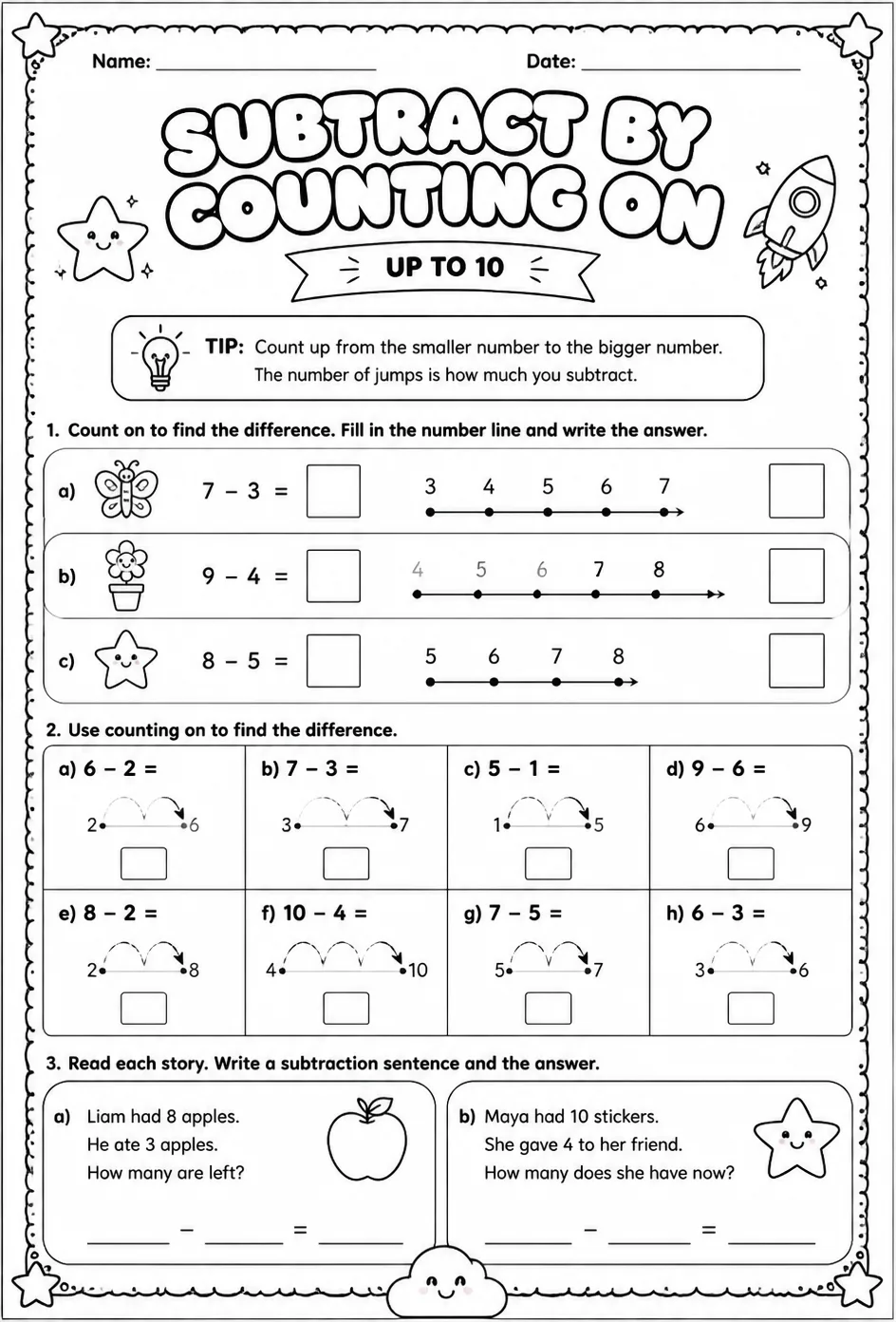 Subtract by counting on - up to 10 — free printable Grade 1 math worksheet