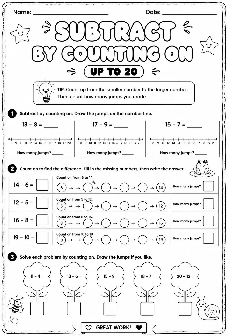 Subtract by counting on - up to 20 — free printable Grade 1 math worksheet