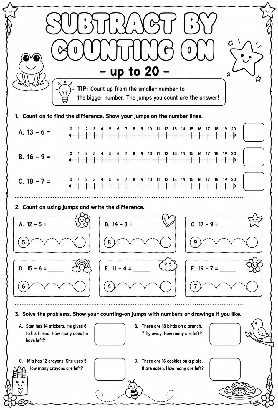 Subtract by counting on - up to 20 — free printable Grade 2 math worksheet
