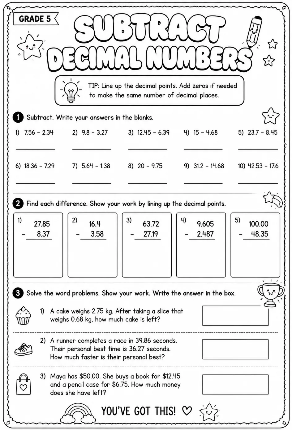 Subtract decimal numbers — free printable Grade 5 math worksheet