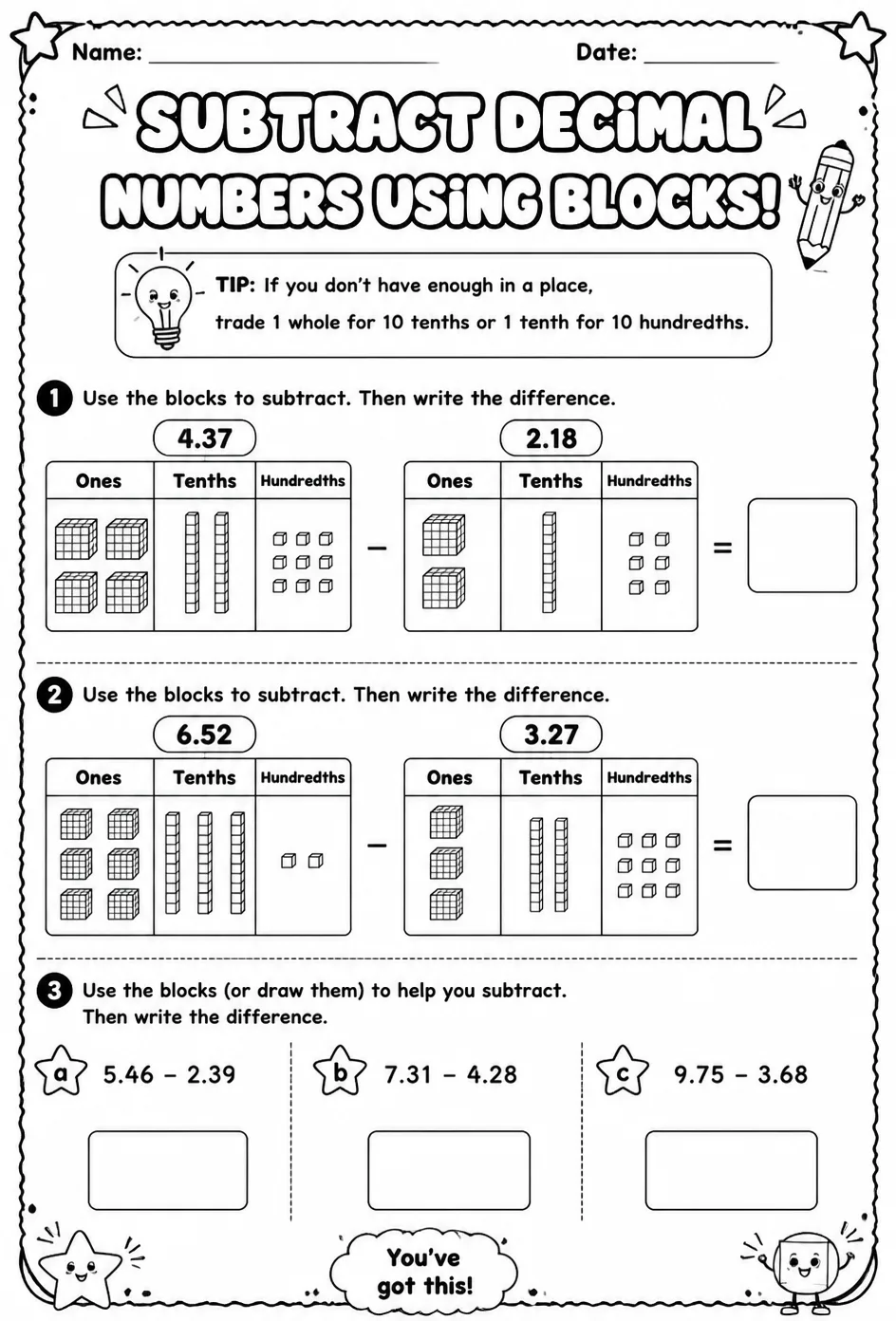 Subtract decimal numbers using blocks — free printable Grade 5 math worksheet