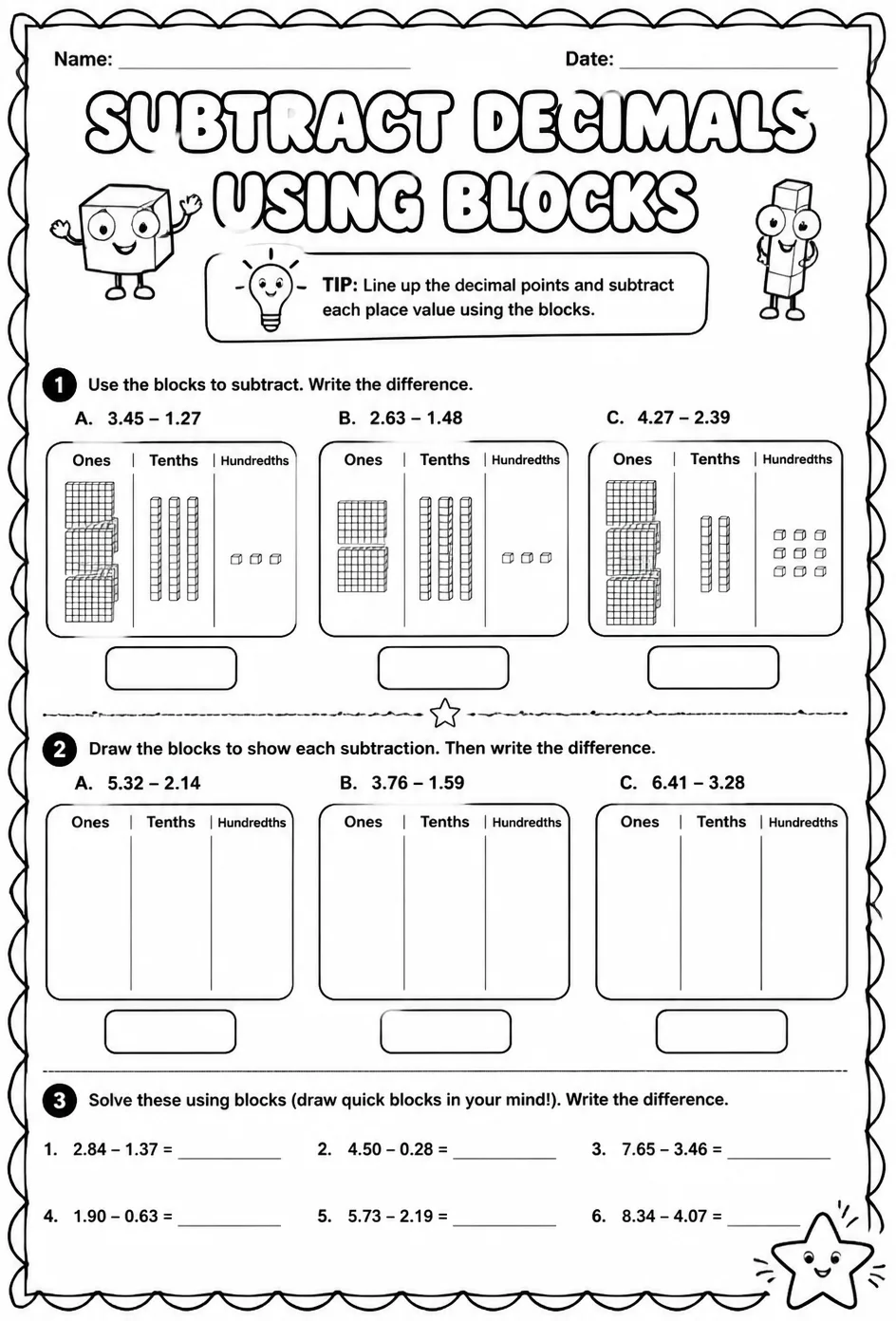 Subtract decimals using blocks — free printable Grade 4 math worksheet