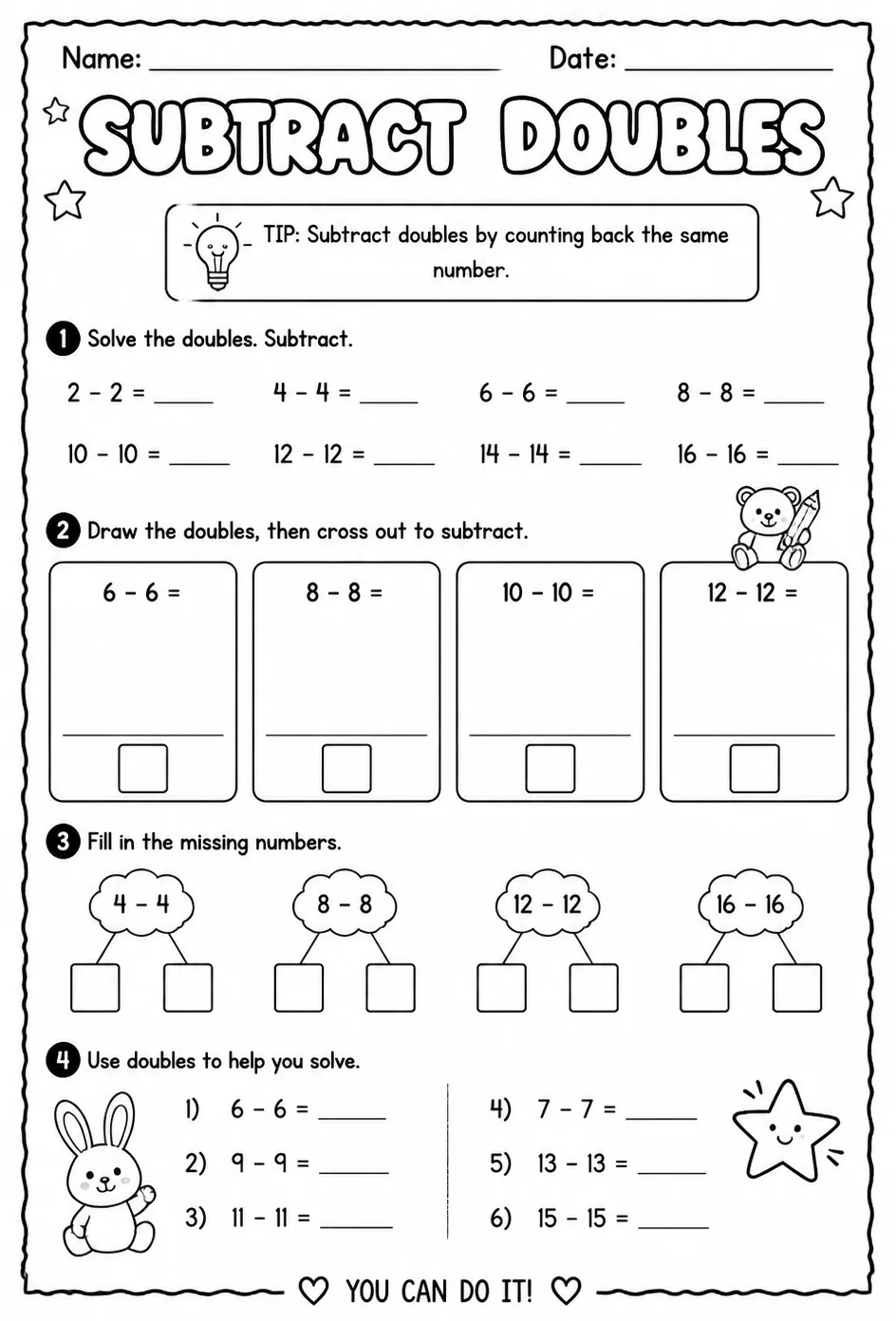 Subtract doubles — free printable Grade 1 math worksheet