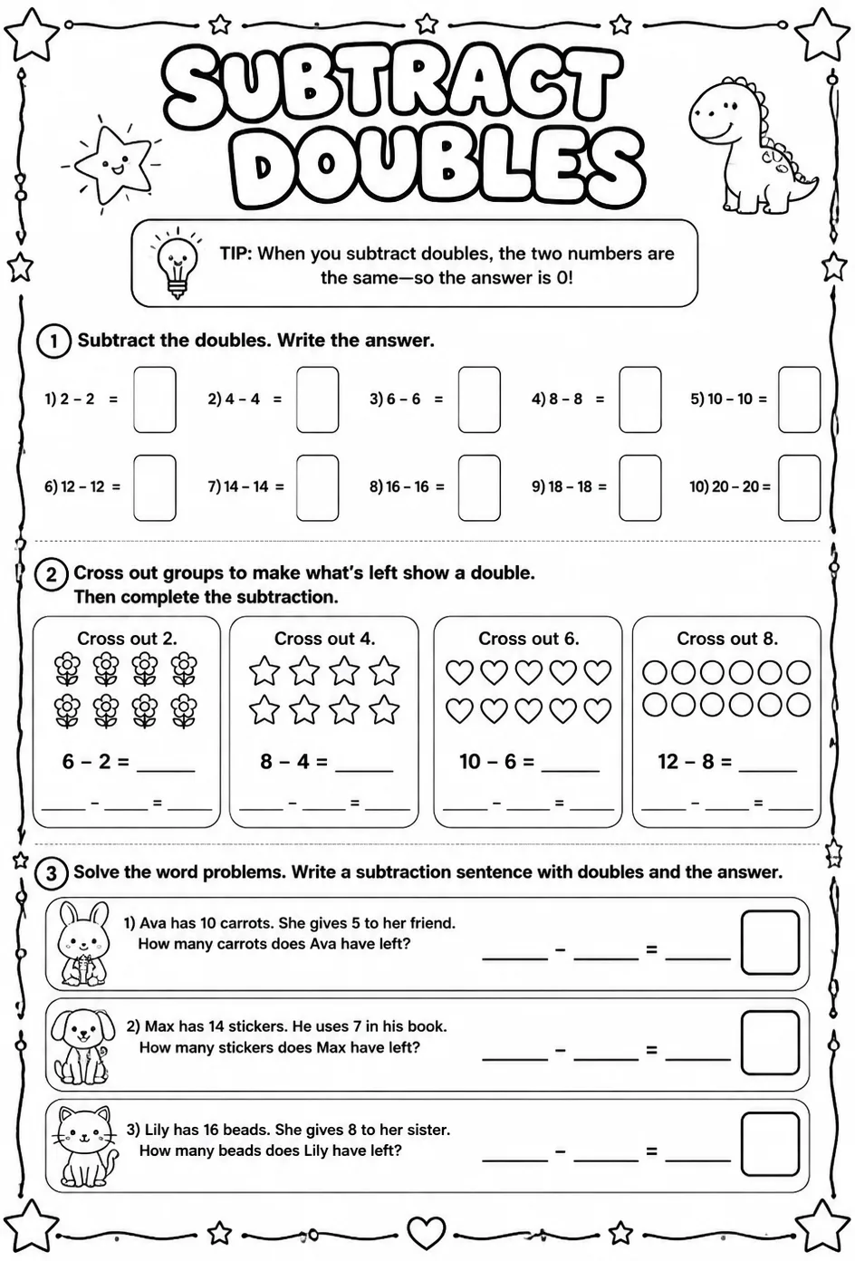 Subtract doubles — free printable Grade 2 math worksheet