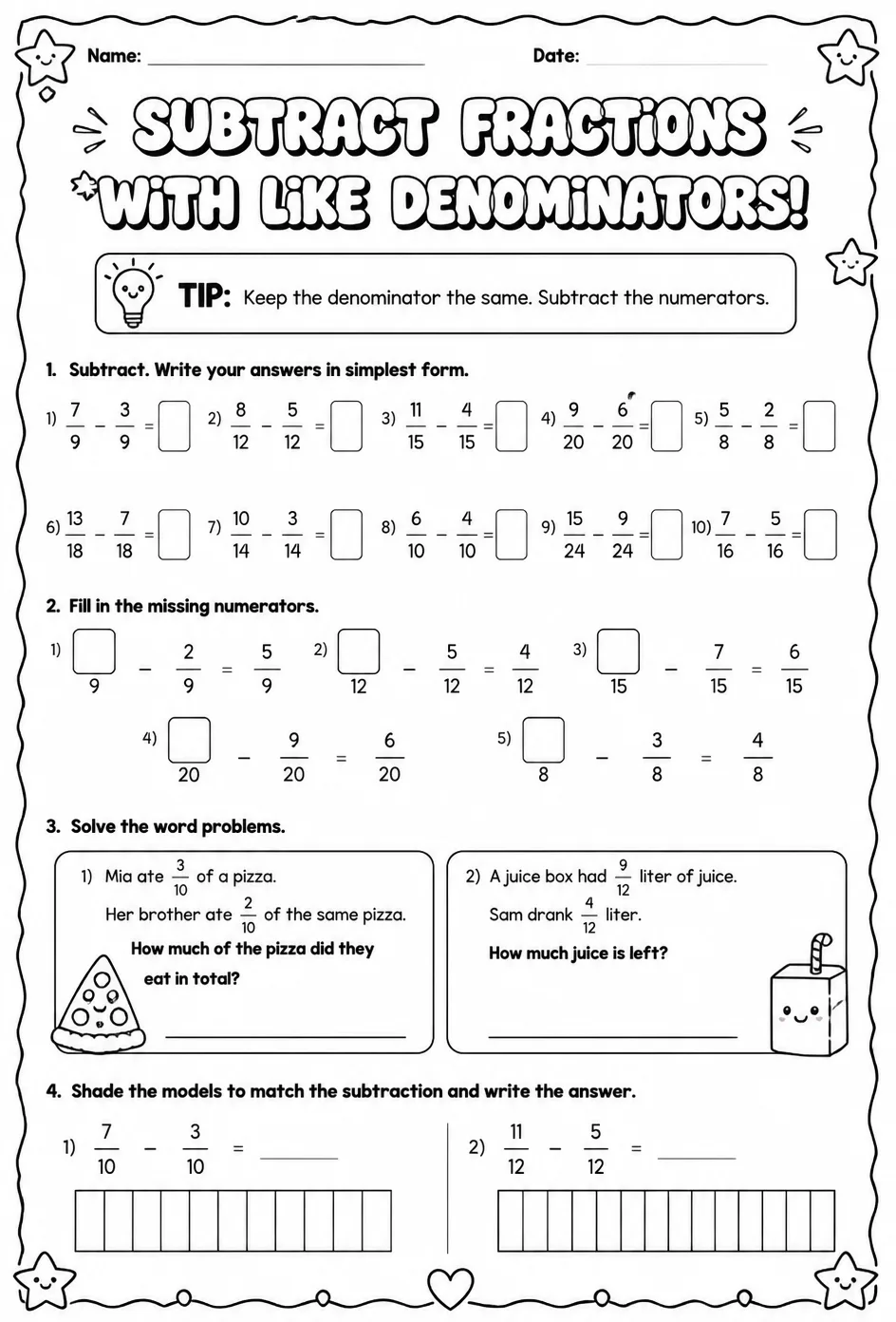 Subtract fractions with like denominators — free printable Grade 4 math worksheet