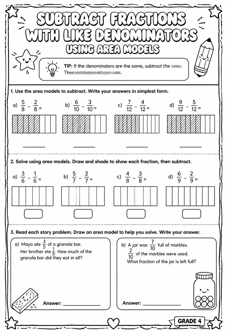 Subtract fractions with like denominators using area models — free printable Grade 4 math worksheet