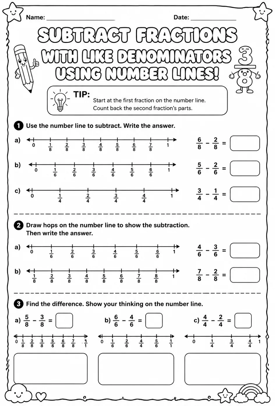 Subtract fractions with like denominators using number lines — free printable Grade 4 math worksheet