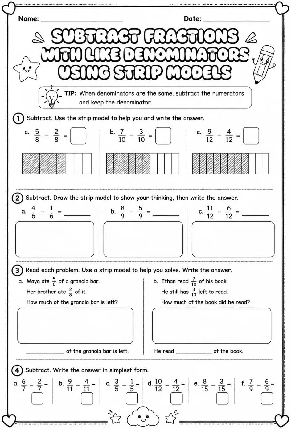 Subtract fractions with like denominators using strip models — free printable Grade 4 math worksheet