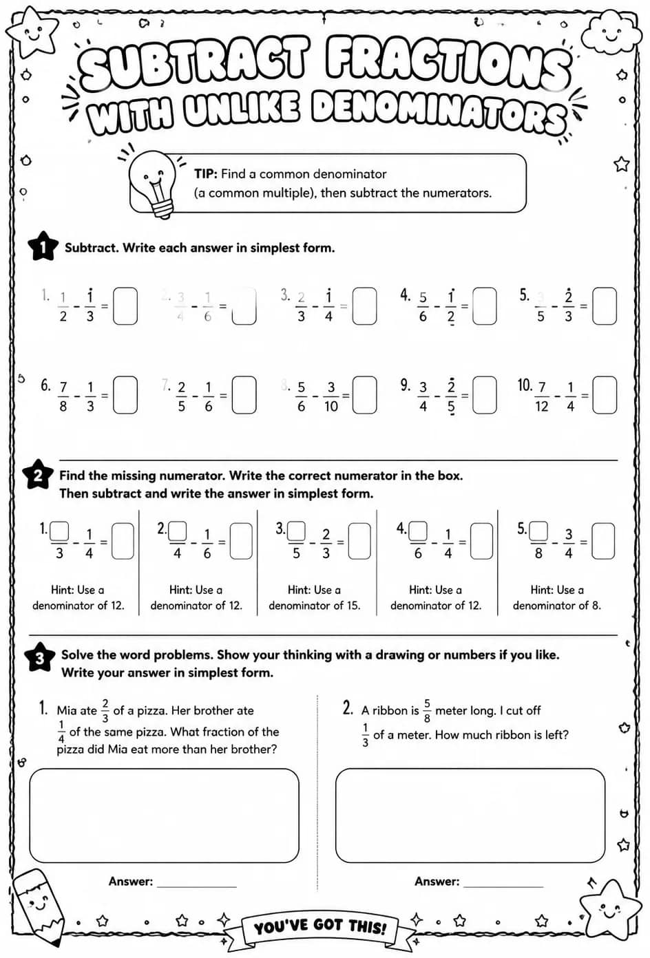 Subtract fractions with unlike denominators — free printable Grade 4 math worksheet