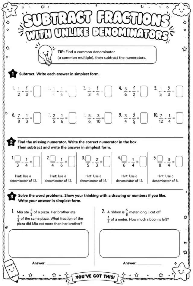 Subtract fractions with unlike denominators