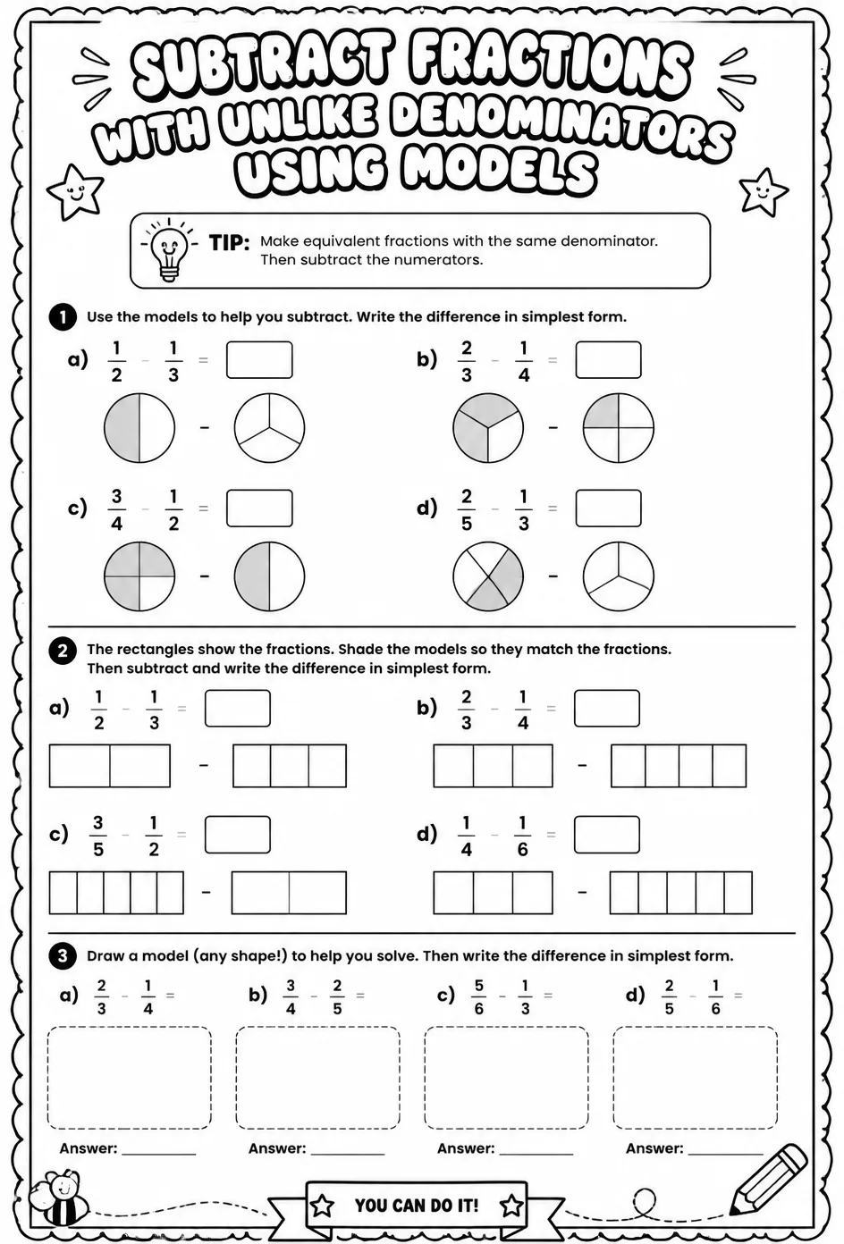 Subtract fractions with unlike denominators using models — free printable Grade 4 math worksheet