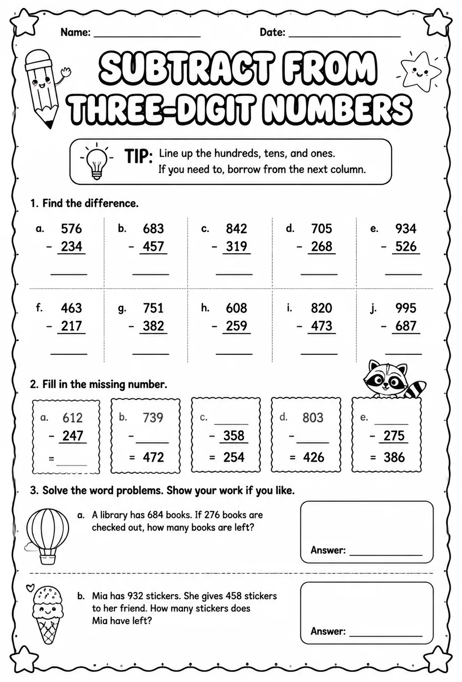 Subtract from three-digit numbers — free printable Grade 2 math worksheet